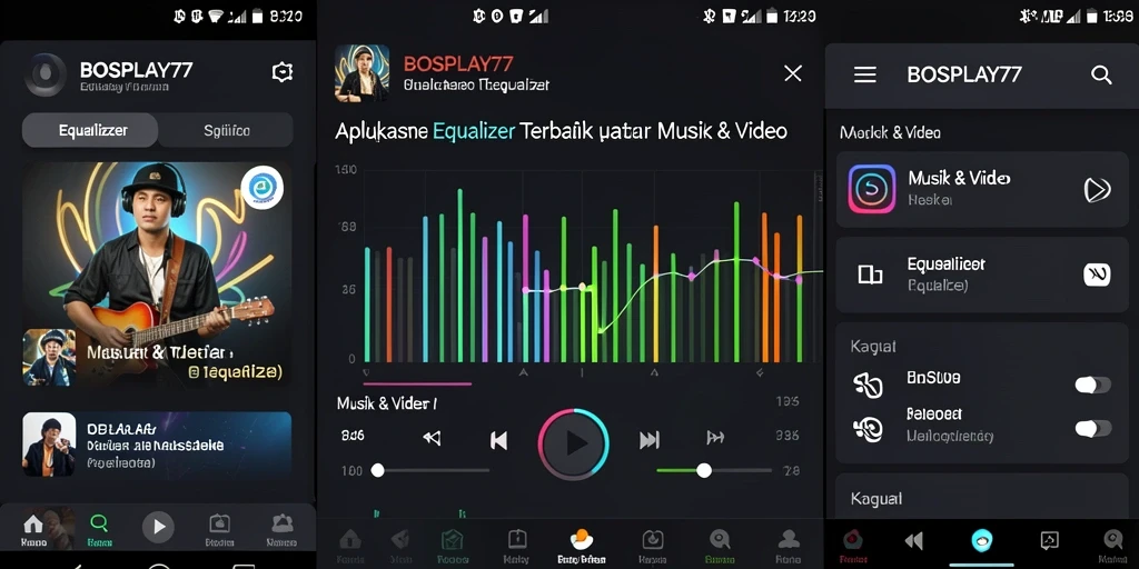 Screenshot aplikasi BOSPLAY77 menampilkan antarmuka Equalizer yang interaktif dan menarik.